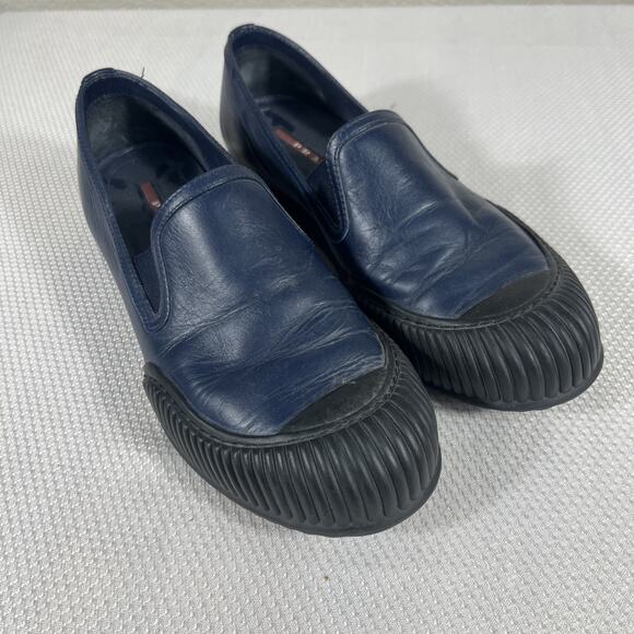 PRADA WOMEN BLUE LEATHER SLIDE ON CLASSIC SPORT LOAFERS MADE IN ITALY 35 US 5.5 - Picture 2 of 11